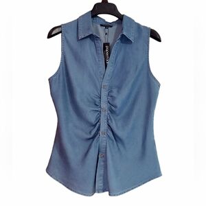 Tank Top Denim Small Blue Womens Sleeveless Shirt Button Down 100% Tencel Soft